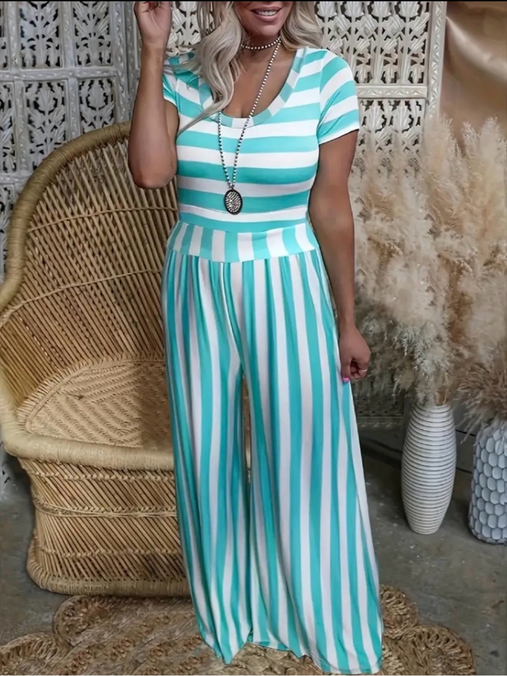 Striped Teal & White Wide-Leg Jumpsuit